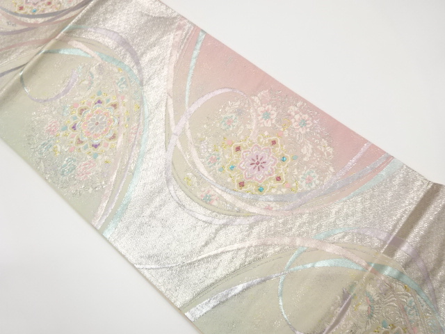 JAPANESE KIMONO / ANTIQUE FUKURO OBI / SILK / WOVEN FLORAL CREST